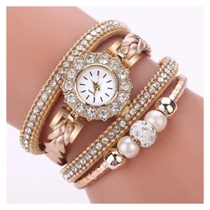 Koreanische Mode mehrlagig gewickelte Strass Quarzuhr mit Perlen und Lederarmband