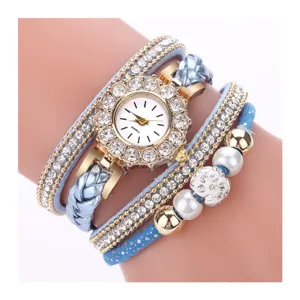 Koreanische Mode Wickelarmbanduhr mit glänzenden Strass, Perlen und Quarzwerk für Damen.