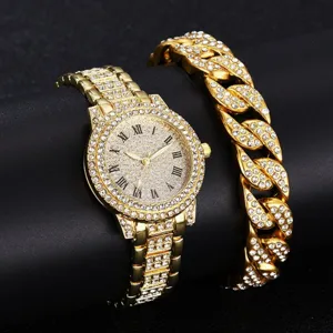 Montre à quartz luxueuse en strass et bracelet gourmette cubaine assorti pour hommes et femmes.
