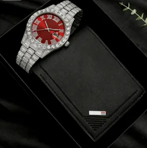 Coffret Cadeau Homme Montre Strass Hip Hop et Portefeuille Noir Montre Quartz De Luxe