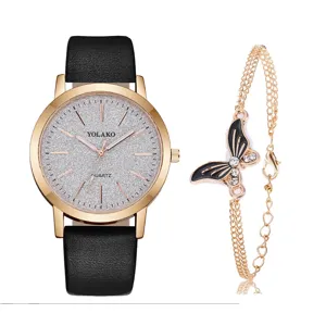 Set orologio al quarzo donna cinturino pelle nera quadrante glitter e bracciale farfalla