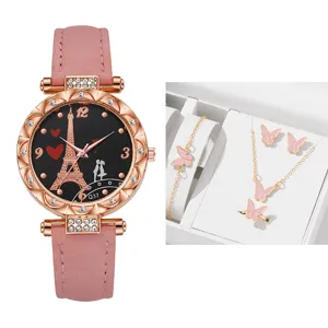 Orologio al quarzo da donna cinturino pelle rosa quadrante Torre Eiffel set gioielli farfalla.
