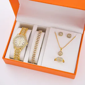 Set di gioielli da donna color oro di lusso orologio al quarzo braccialetto collana orecchini anello.