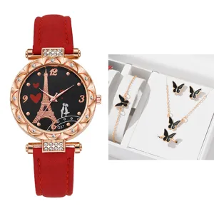 Orologio al quarzo da donna con cinturino in pelle PU rossa e set regalo gioielli farfalla.