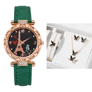 Orologio al quarzo da donna con cinturino PU verde, quadrante Tour Eiffel e set di gioielli farfalla.