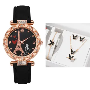 Orologio da donna al quarzo quadrante Torre Eiffel cinturino nero e set regalo gioielli