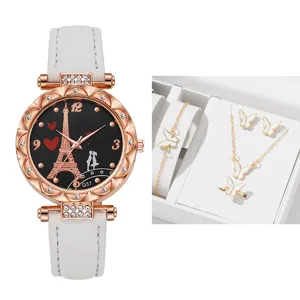 Set orologio al quarzo donna cinturino PU bianco quadrante torre Eiffel gioielli