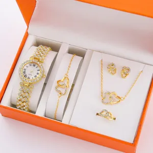 Orologio da donna al quarzo di lusso con strass e set di gioielli con elegante design a cuore.