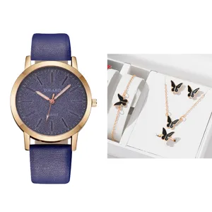 Orologio da polso al quarzo da donna con quadrante blu e set di gioielli farfalla.