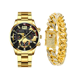 Orologio al Quarzo Business da Uomo Set Bracciale Catena Cubana Lancette Luminose Calendario Orologio da Polso Rotondo Strass Lega Gioielli Lusso