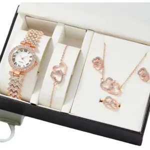 Set regalo gioielli donna orologio quarzo bracciale collana anello orecchini oro rosa