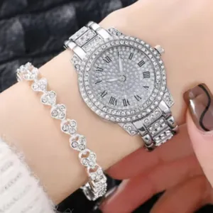 Orologio quarzo strass argento donna e bracciale abbinato set elegante moda casual polso