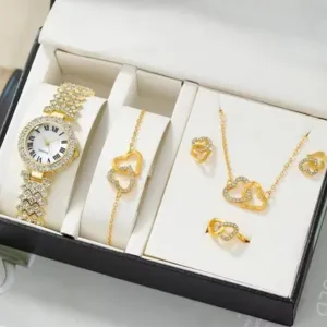 Elegante set di gioielli con orologio al quarzo in oro da donna con collana cuore in strass.
