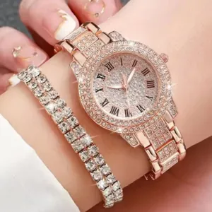 Set orologio e bracciale tennis in oro rosa con strass, design scintillante e lusso.