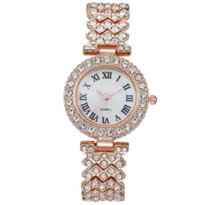 Elegante orologio quarzo strass donna oro rosa quadrante numeri romani cinturino cristallo