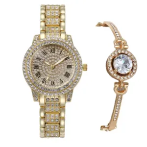Orologio al quarzo con strass dorati e set di bracciali coordinati da donna, elegante accessorio.