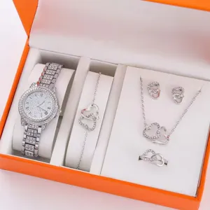 Lusso donna strass quarzo orologio bracciale collana orecchini anello gioielli regalo box