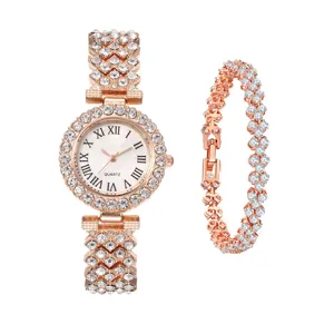 Montre quartz strass or rose pour femmes et ensemble de bracelet assorti bijou