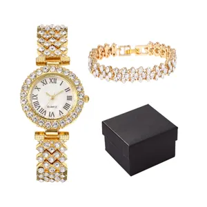 Ensemble montre et bracelet pour femme en strass de luxe avec cadran chiffres romains.
