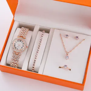 Donna orologio quarzo oro rosa e set gioielli cristallo con collana anello orecchini bracciale.