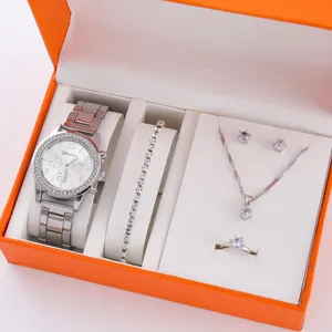 Elegante Set Orologio al Quarzo Donna 5 Pezzi Argento Acciaio Inox Gioielli Box!