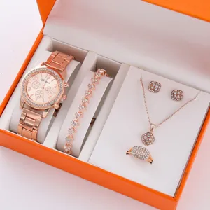 Set di orologi al quarzo da donna in oro rosa di lusso 5 pezzi con collana bracciale
