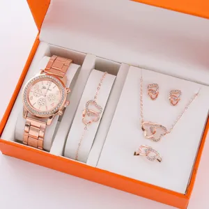 Lusso oro rosa donna orologio bracciale collana orecchini anello set 5 pezzi quarzo regalo