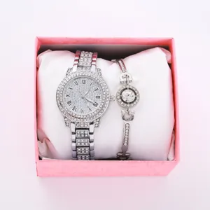 Set orologio al quarzo con strass e bracciale in scatola rosa, elegante orologio donna.