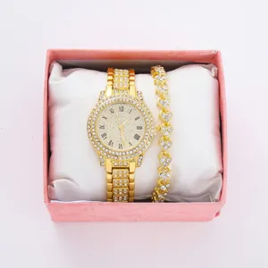 Orologio da donna oro con strass e set bracciale cuore in scatola regalo fashion