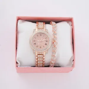 Set orologio donna al quarzo con strass e bracciale a cuore in elegante scatola rosa