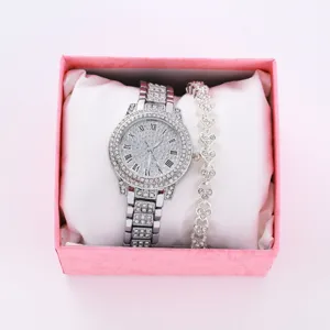 Dettagli del set di orologio e braccialetto in strass da donna con scatola regalo e numeri romani.