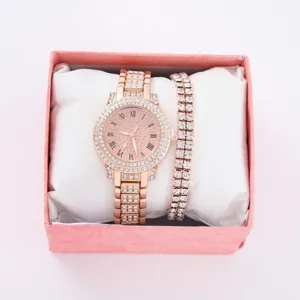 Elegante set di orologio da donna e bracciale tennis con numeri romani e pietre strass scintillanti.