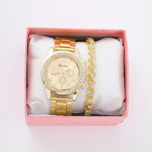 Orologio quarzo strass oro donna e set bracciale cuore in scatola regalo, moda casual.