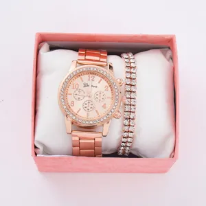 Set regalo orologio da donna al quarzo oro rosa e bracciale tennis in scatola rosa.