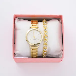 Set orologio al quarzo dorato e bracciale cuore strass in scatola regalo rosa