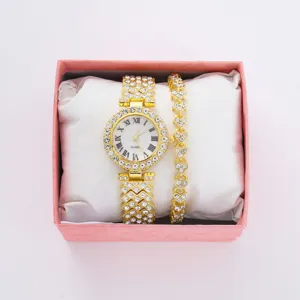 Elegante set di orologio al quarzo con strass da donna e bracciale con numeri romani.