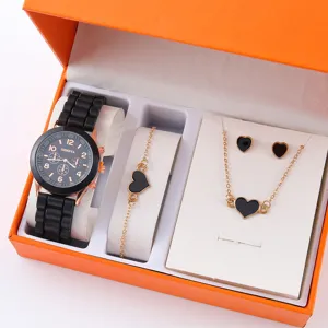 Elegant women watch and black heart jewelry set, including necklace, bracelet and earrings.