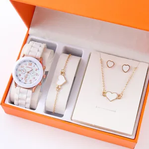 Elegant women quartz watch set with cute white heart necklace bracelet and lovely earrings.