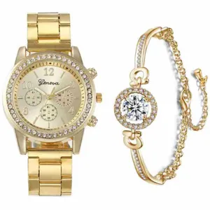 Orologio al quarzo dorato e set di bracciali di lusso in strass da donna, elegante orologio.