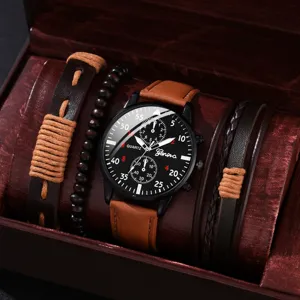 Montre à Quartz Décontractée pour Hommes Bracelet en Similicuir Rond Analogique Bracelet Tressé Enveloppé Ensemble Cadeau Masculin
