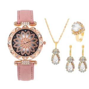 Elegante set di gioielli da donna con orologio cinturino in pelle rosa quadrante fiore collana.