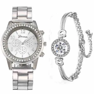 Set orologio al quarzo argento e bracciale coordinato con cristalli per donna, elegante.