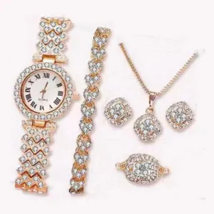 Donna lusso strass orologio quarzo set gioielli, oro rosa bracciale collana anello orecchini.