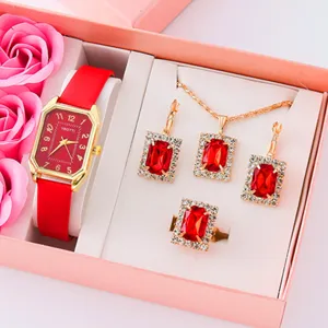 Set gioielli orologio strass rosso donna, orologio quarzo quadrato collana orecchini anello.