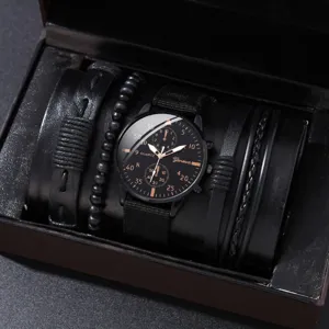 Montre a quartz noire pour homme et bracelets en cuir coffret cadeau detail, accessoire mode.