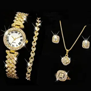 Orologio da Polso al Quarzo da Donna con Strass di Lusso Quadrante in Lega con Numeri Romani Bracciale Collana Orecchini Anello Regalo Gioielli di Moda