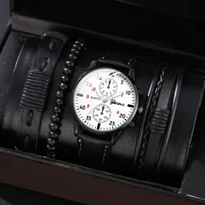 Hommes montre quartz bracelet ensemble bracelet cuir noir coffret cadeau mode montre poignet