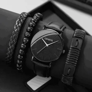 Set Orologio al Quarzo Casual Sportivo da Uomo Moda Tendenza Cassa in Lega Cinturino in Pelle Numeri Romani Quadrante Rotondo Set Bracciale da Uomo Gioielli Accessori Regalo
