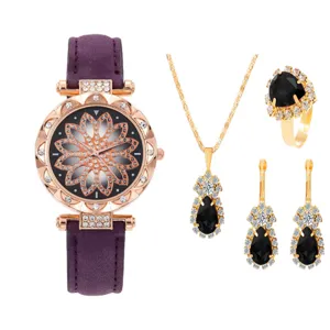 Orologio quarzo moda donna e set gioielli con cinturino pelle viola e pendente goccia nero.