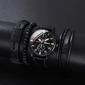 Ensemble de montre quartz noir pour homme avec bracelets en cuir tressé vue détaillée